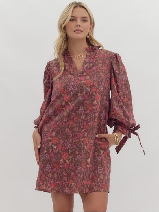 entro Dresses & Skirts - Entro Brown Floral Poplin Mini Dress with Ribbon Detail